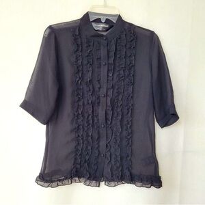 Norma Kamali Top Womens Black Sheer Ruffled Short Sleeve Button Up Blouse Size L